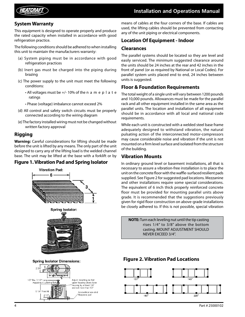 Rigging, Location of equipment - indoor clearances, Floor & foundation requirements | Vibration mounts, Figure 1. vibration pad and spring isolator | Heatcraft Refrigeration Products PARALLEL COMPRESSOR SYSTEMS 25000102 User Manual | Page 4 / 36