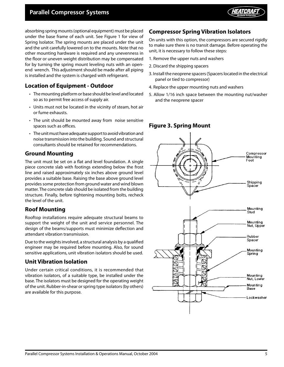 Compressor spring vibration isolators, Ground mounting, Roof mounting | Unit vibration isolation, Figure 3. spring mount | Heatcraft Refrigeration Products PARALLEL COMPRESSOR SYSTEMS 25000102 User Manual | Page 5 / 36