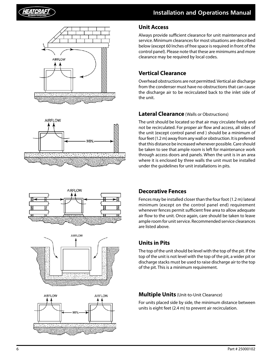 Unit access, Vertical clearance, Lateral clearance | Decorative fences, Units in pits, Multiple units, Installation and operations manual | Heatcraft Refrigeration Products PARALLEL COMPRESSOR SYSTEMS 25000102 User Manual | Page 6 / 36