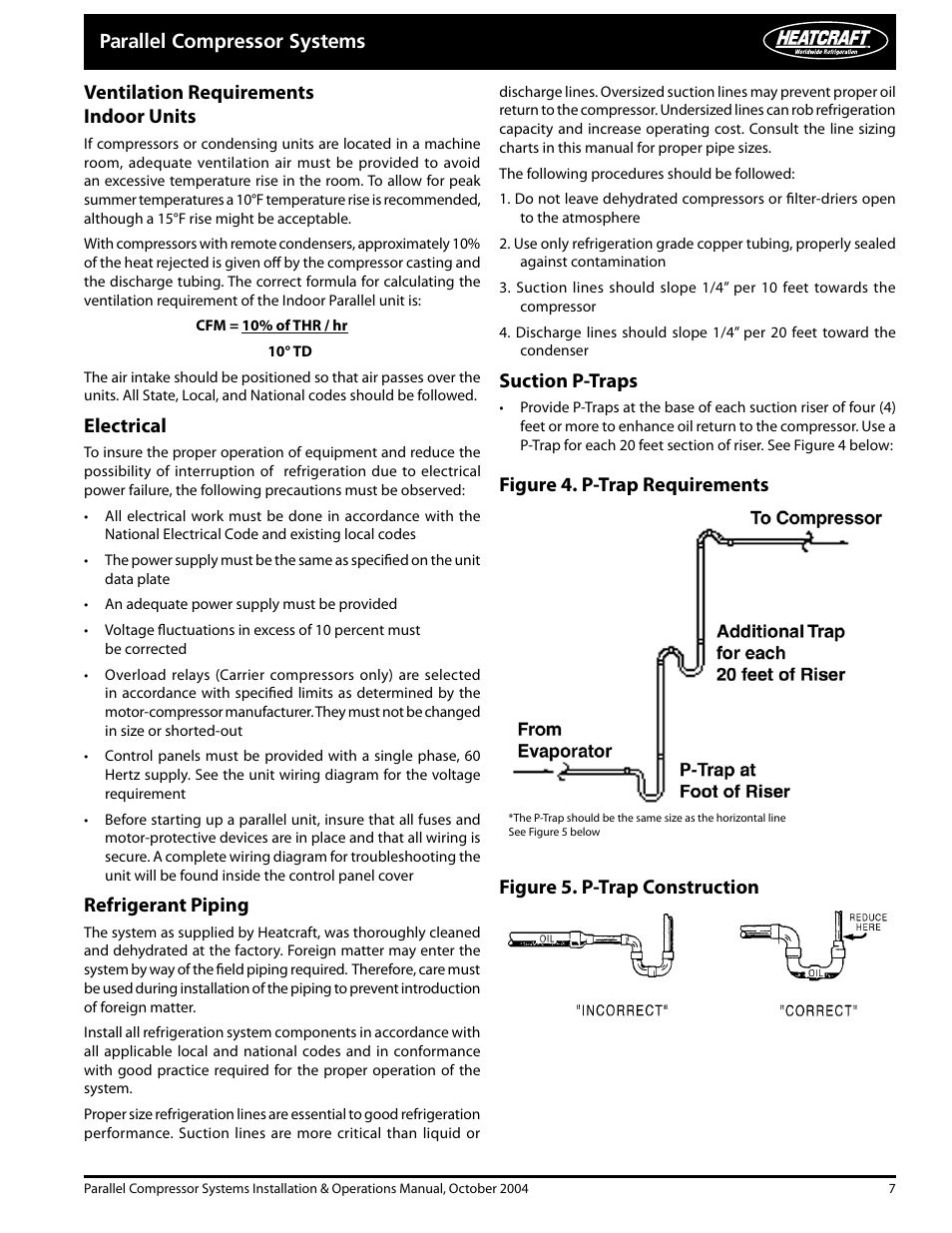 Ventilation requirements indoor units, Electrical, Refrigerant piping | Suction p-traps | Heatcraft Refrigeration Products PARALLEL COMPRESSOR SYSTEMS 25000102 User Manual | Page 7 / 36