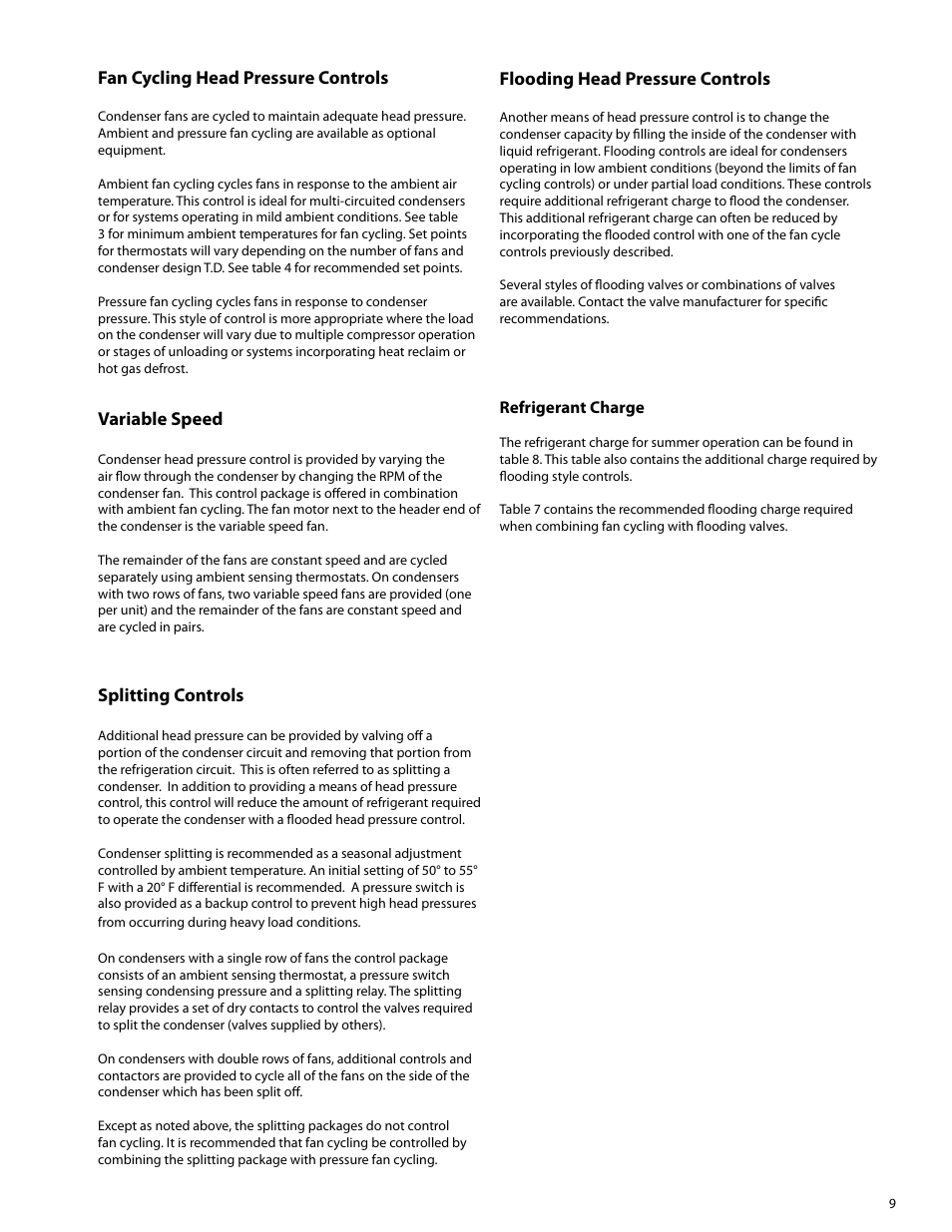 Fan cycling head pressure controls, Variable speed, Splitting controls | Flooding head pressure controls | Heatcraft Refrigeration Products Air-Cooled Condensers none User Manual | Page 9 / 20