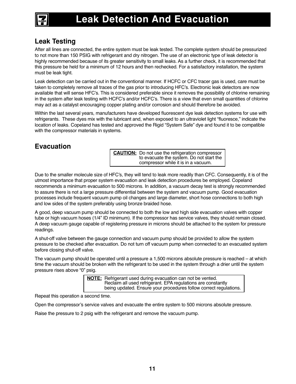 Leak detection and evacuation, Leak testing, Evacuation | Heatcraft Refrigeration Products II User Manual | Page 11 / 48