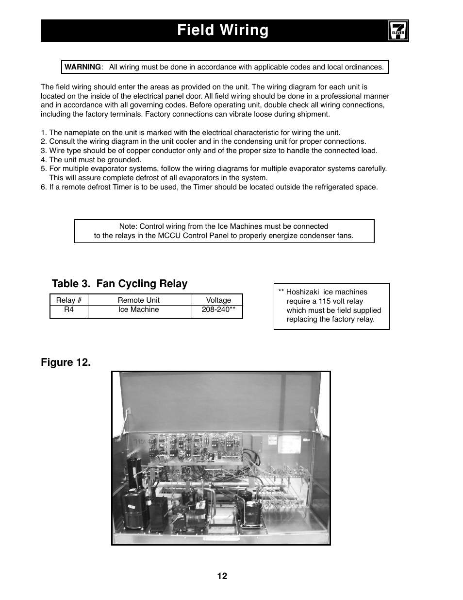 Field wiring, Figure 12, Table 3. fan cycling relay | Heatcraft Refrigeration Products II User Manual | Page 12 / 48