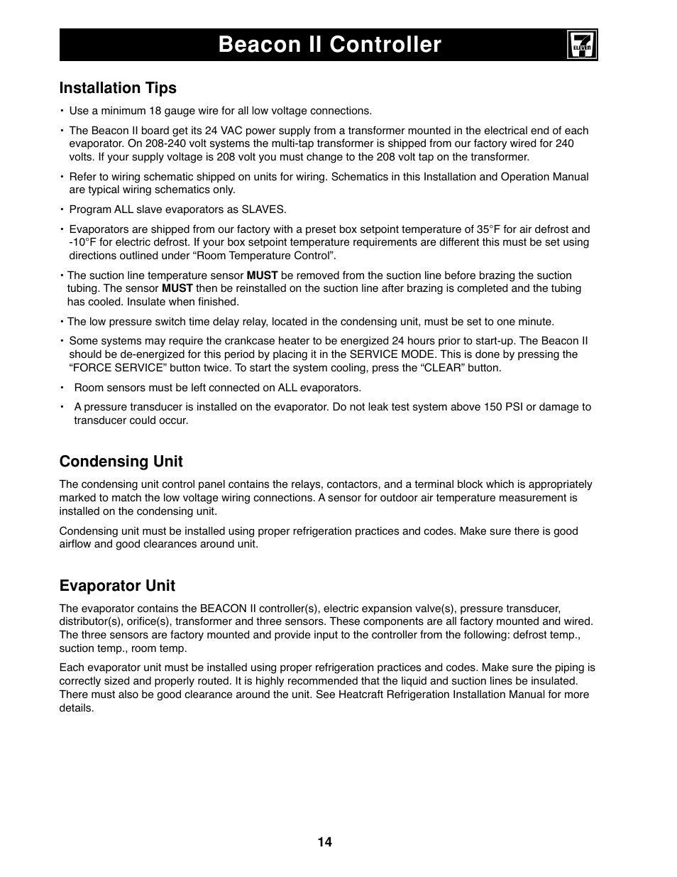 Beacon ii controller, Installation tips, Condensing unit | Evaporator unit | Heatcraft Refrigeration Products II User Manual | Page 14 / 48