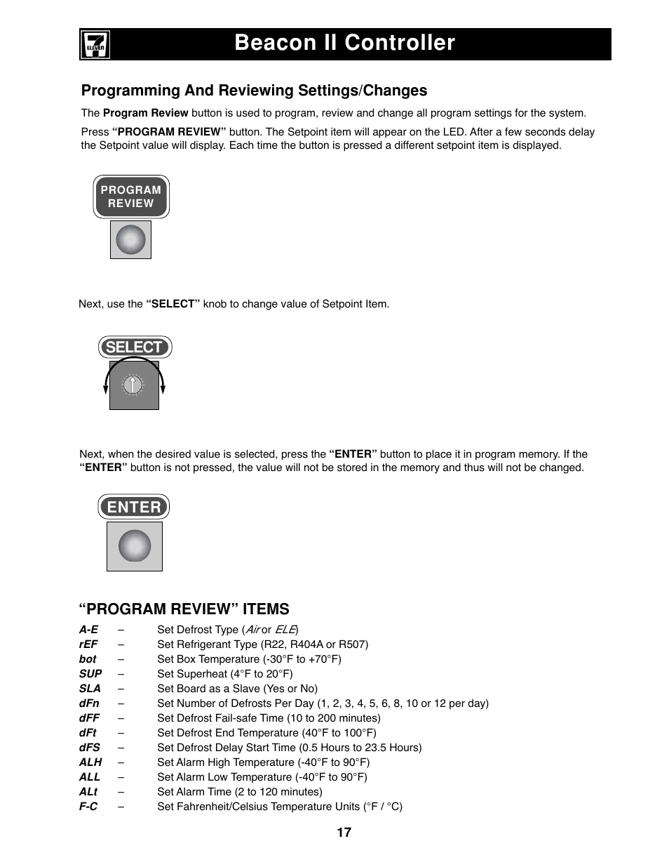 Beacon ii controller, Programming and reviewing settings/changes, Program review” items | Enter select | Heatcraft Refrigeration Products II User Manual | Page 17 / 48