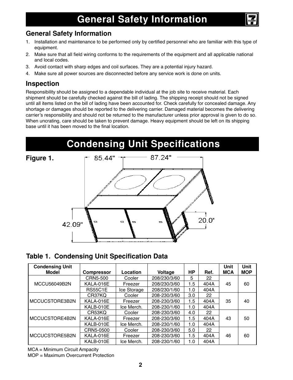 General safety information, Condensing unit specifications, Inspection | Figure 1, Table 1. condensing unit specification data | Heatcraft Refrigeration Products II User Manual | Page 2 / 48