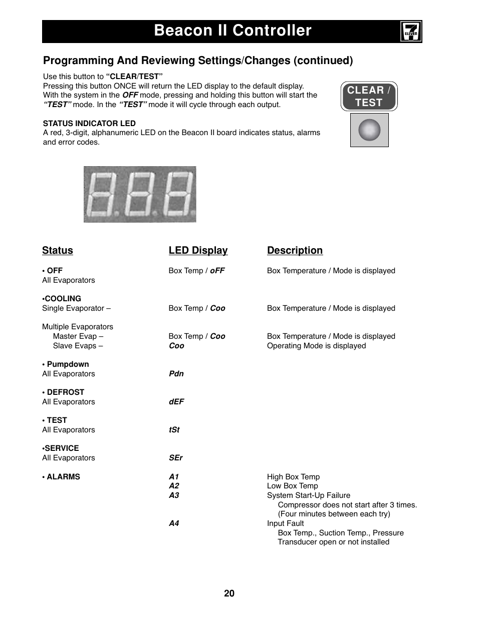 Beacon ii controller, Status led display description, Clear / test | Heatcraft Refrigeration Products II User Manual | Page 20 / 48