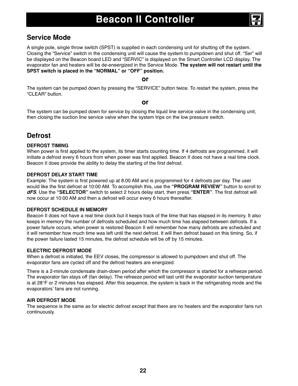 Beacon ii controller, Service mode, Defrost | Heatcraft Refrigeration Products II User Manual | Page 22 / 48