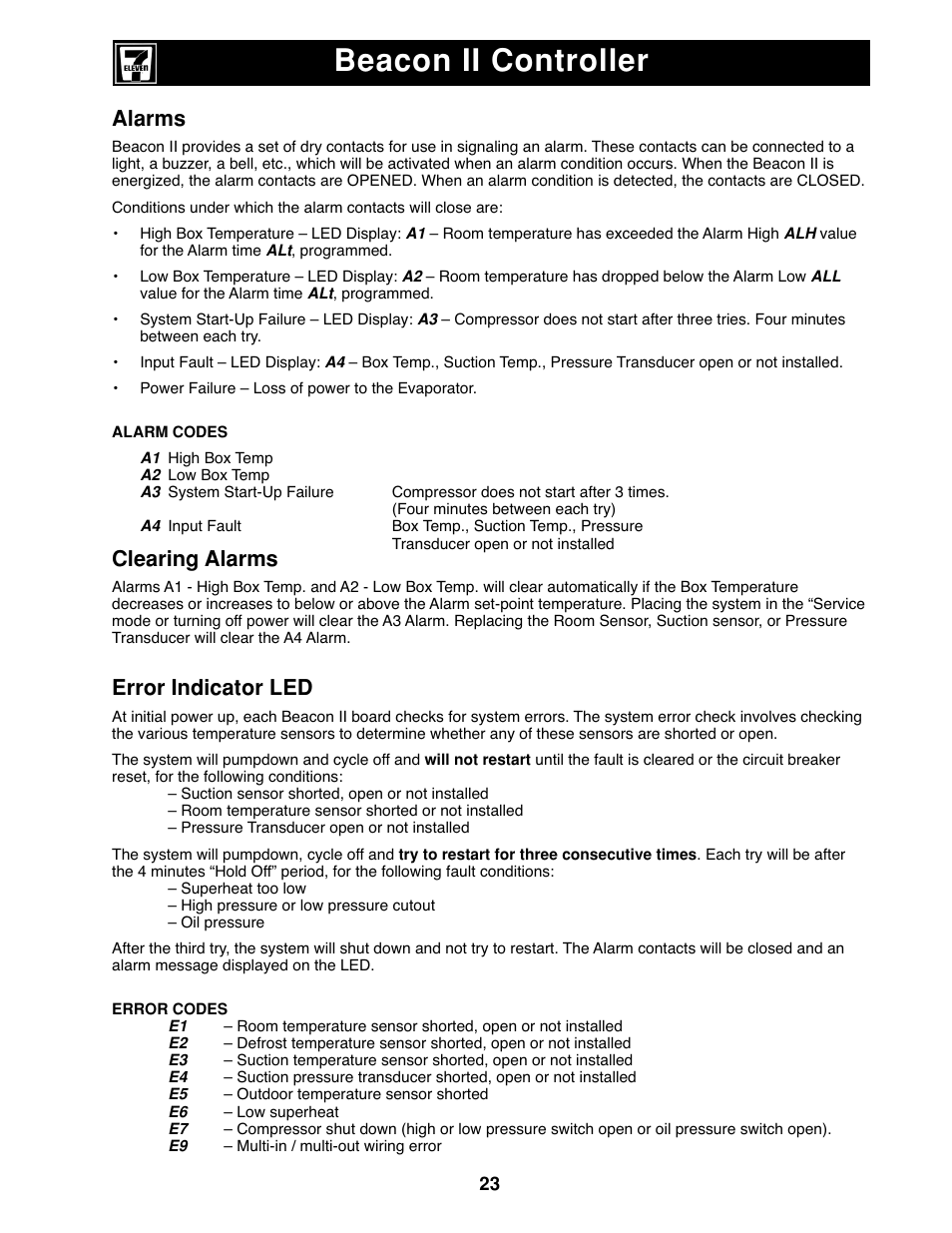 Beacon ii controller, Alarms, Clearing alarms | Error indicator led | Heatcraft Refrigeration Products II User Manual | Page 23 / 48
