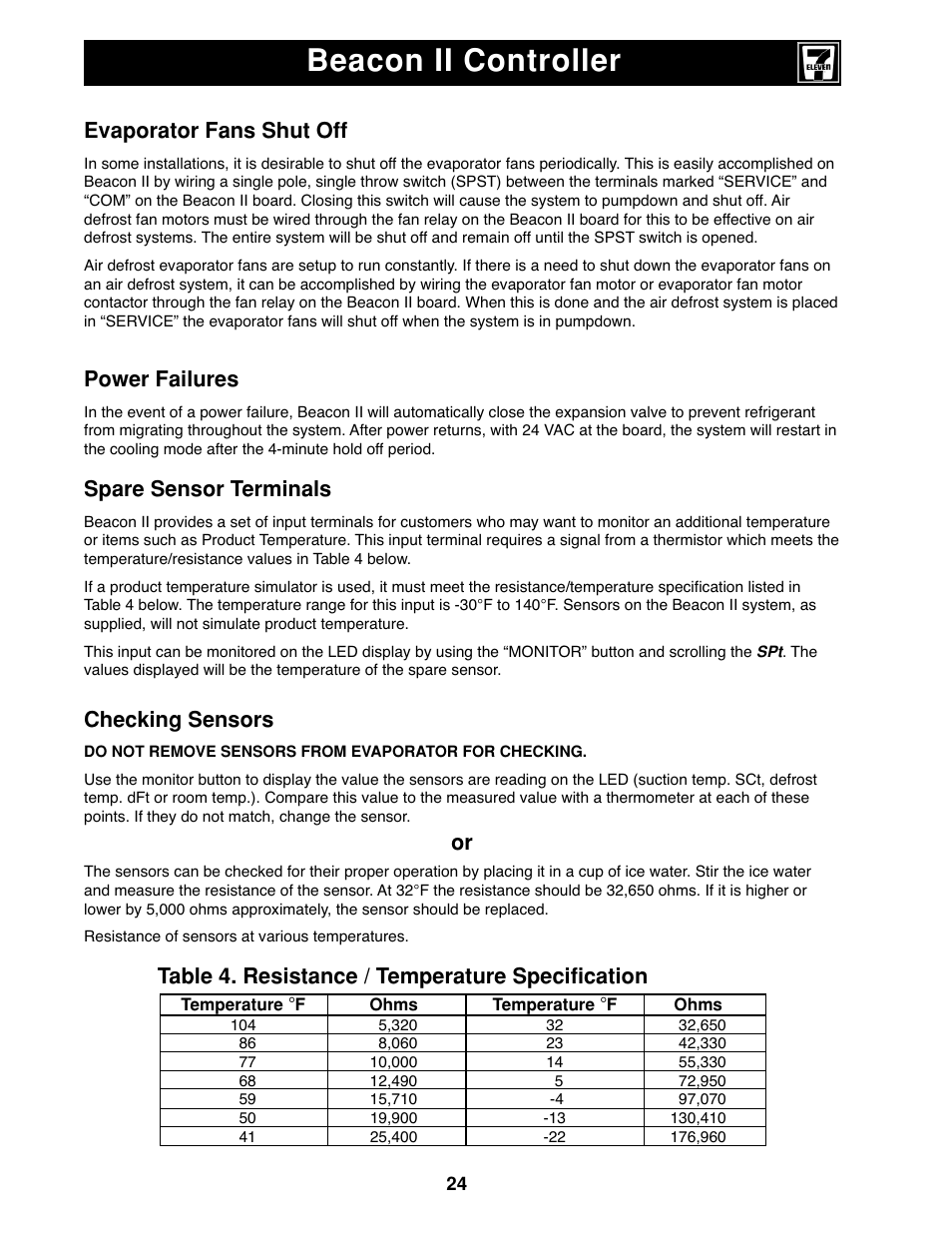 Beacon ii controller, Evaporator fans shut off, Power failures | Spare sensor terminals, Checking sensors, Table 4. resistance / temperature specification | Heatcraft Refrigeration Products II User Manual | Page 24 / 48