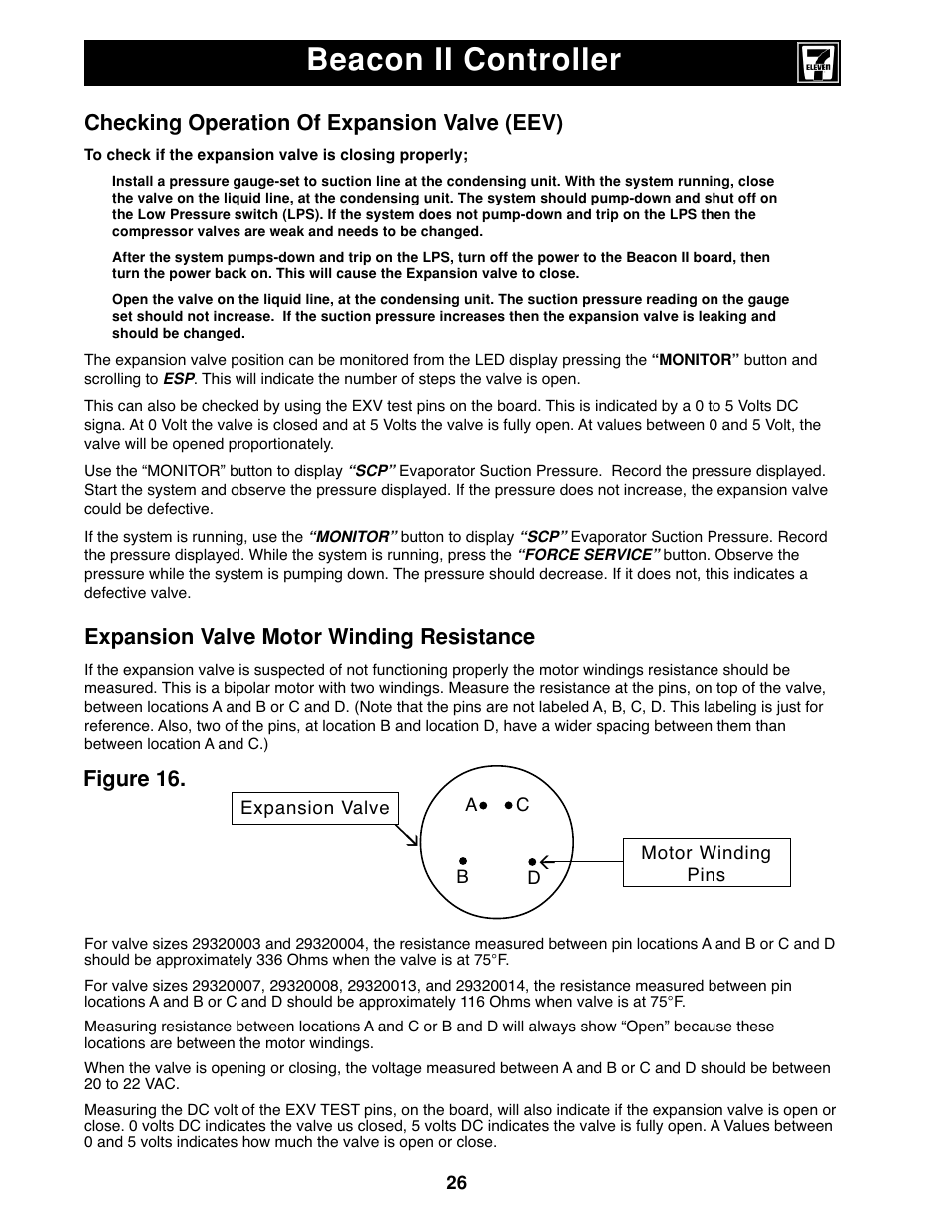 Beacon ii controller, Checking operation of expansion valve (eev), Expansion valve motor winding resistance | Figure 16 | Heatcraft Refrigeration Products II User Manual | Page 26 / 48