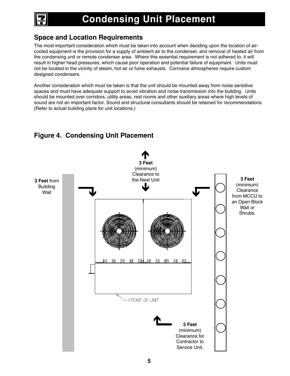 Condensing unit placement, Space and location requirements, Figure 4. condensing unit placement | Heatcraft Refrigeration Products II User Manual | Page 5 / 48