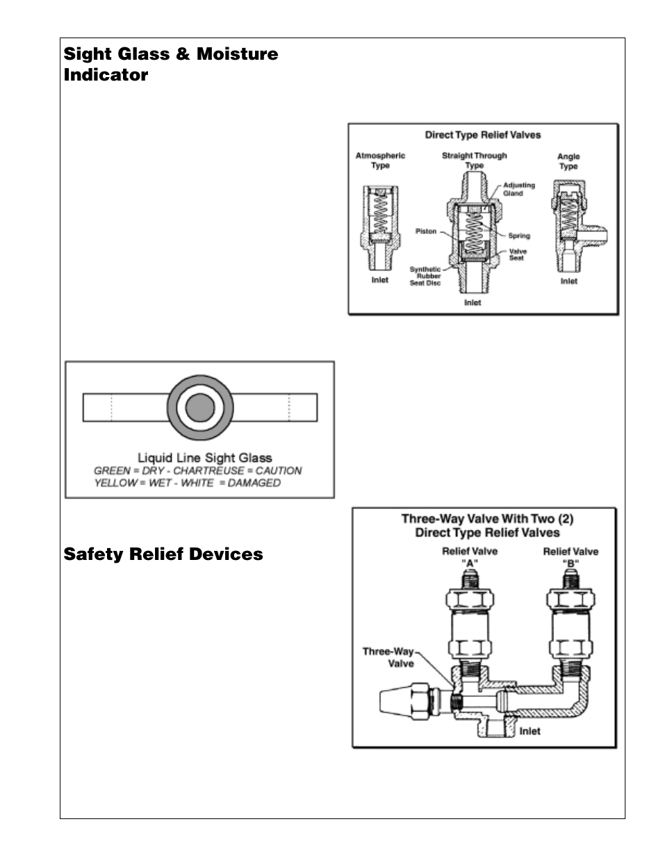 Sight glass & moisture indicator, Figure 10. sight glass, Safety relief devices | Figure 11. direct type relief valves, Figure 12. 3-way relief valve | Heatcraft Refrigeration Products H-IM-72A User Manual | Page 23 / 36