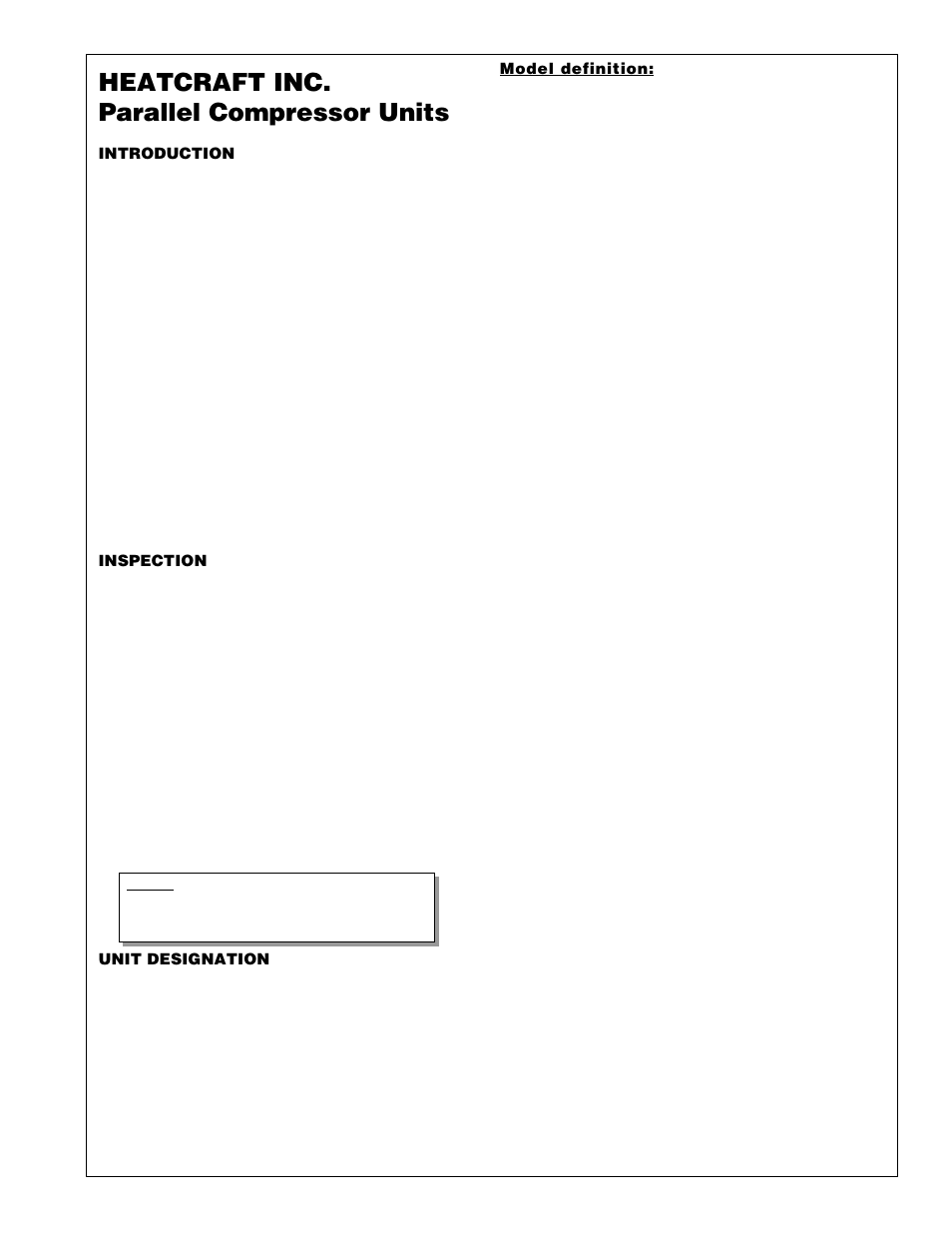 Introduction, Inspection, Unit designation | Model definition, Heatcraft inc. parallel compressor units | Heatcraft Refrigeration Products H-IM-72A User Manual | Page 3 / 36