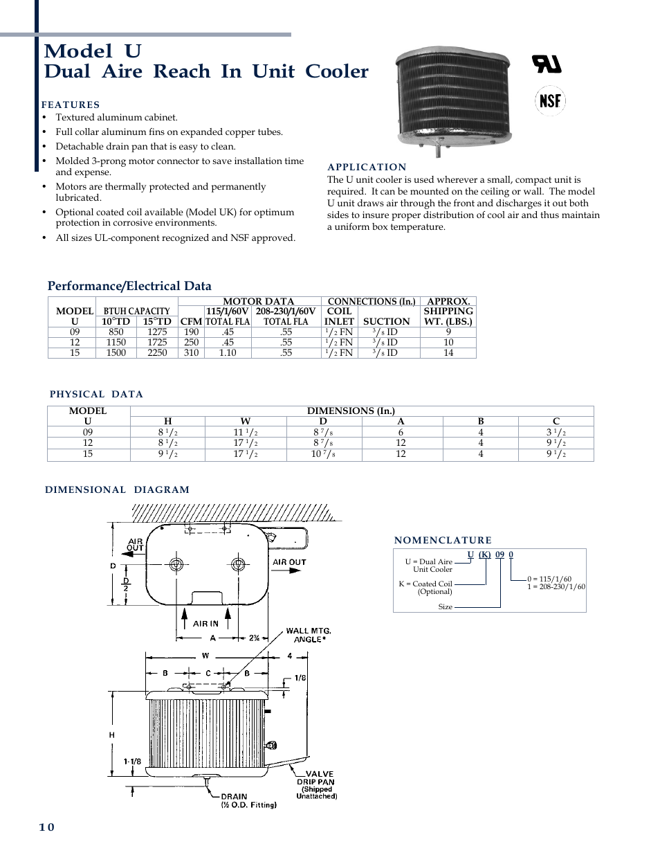 Model u dual aire reach in unit cooler, Performance/electrical data | Heatcraft Refrigeration Products CH-B-01 User Manual | Page 10 / 12