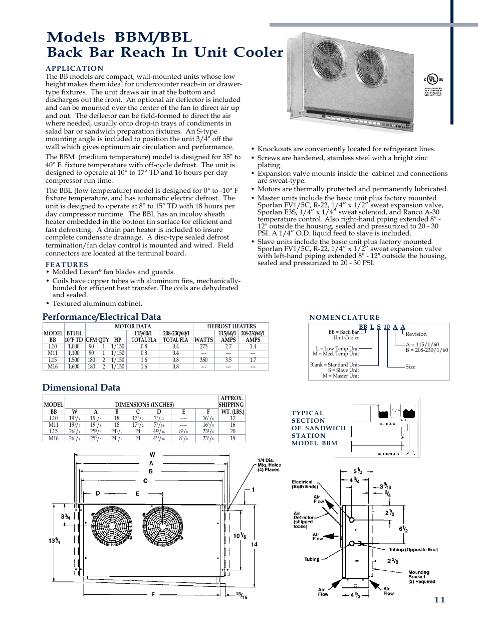Models bbm/bbl back bar reach in unit cooler, Performance/electrical data, Dimensional data | Heatcraft Refrigeration Products CH-B-01 User Manual | Page 11 / 12