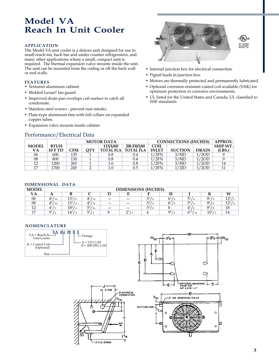 Model va reach in unit cooler, Performance/electrical data | Heatcraft Refrigeration Products CH-B-01 User Manual | Page 3 / 12