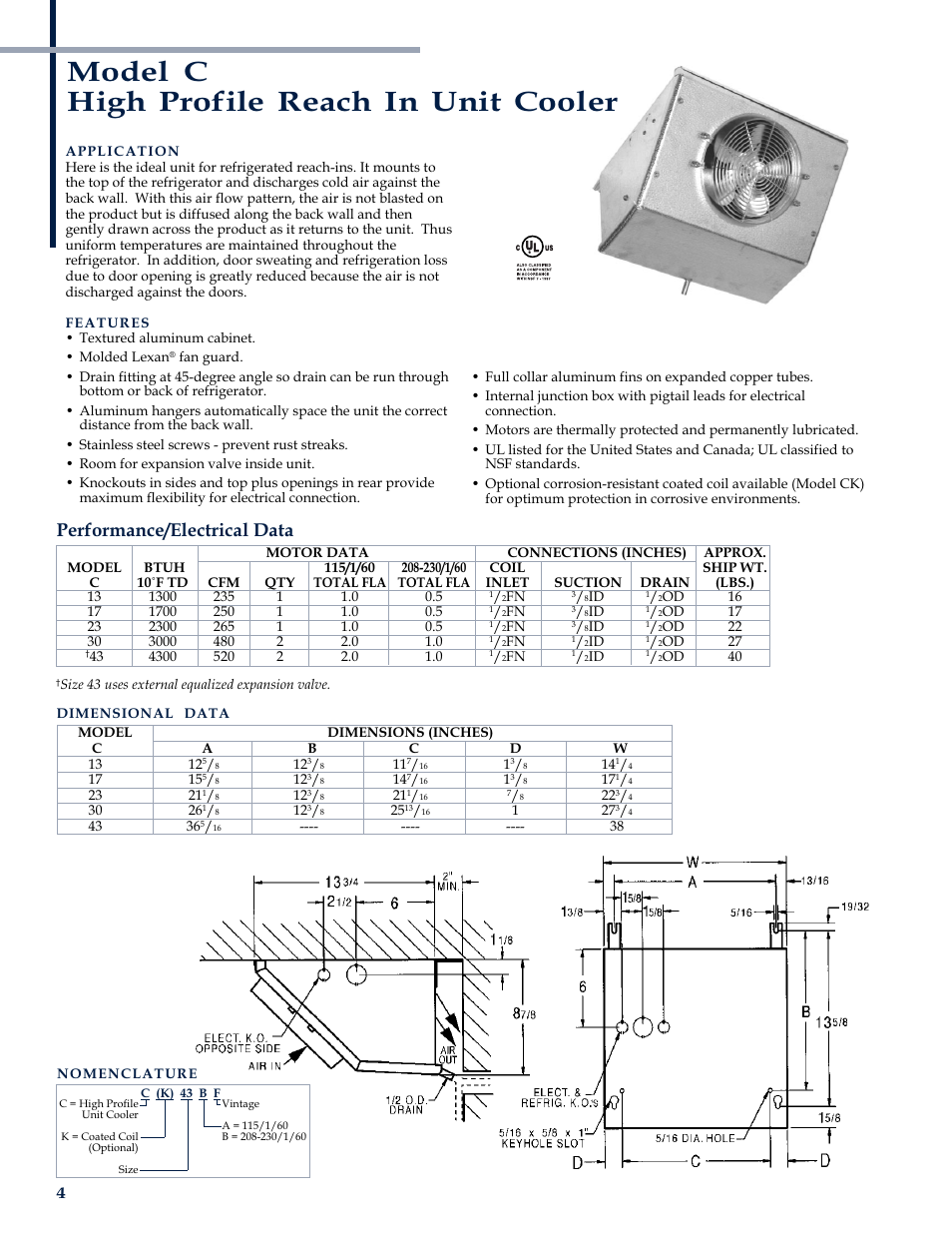 Model c high profile reach in unit cooler, Performance/electrical data | Heatcraft Refrigeration Products CH-B-01 User Manual | Page 4 / 12