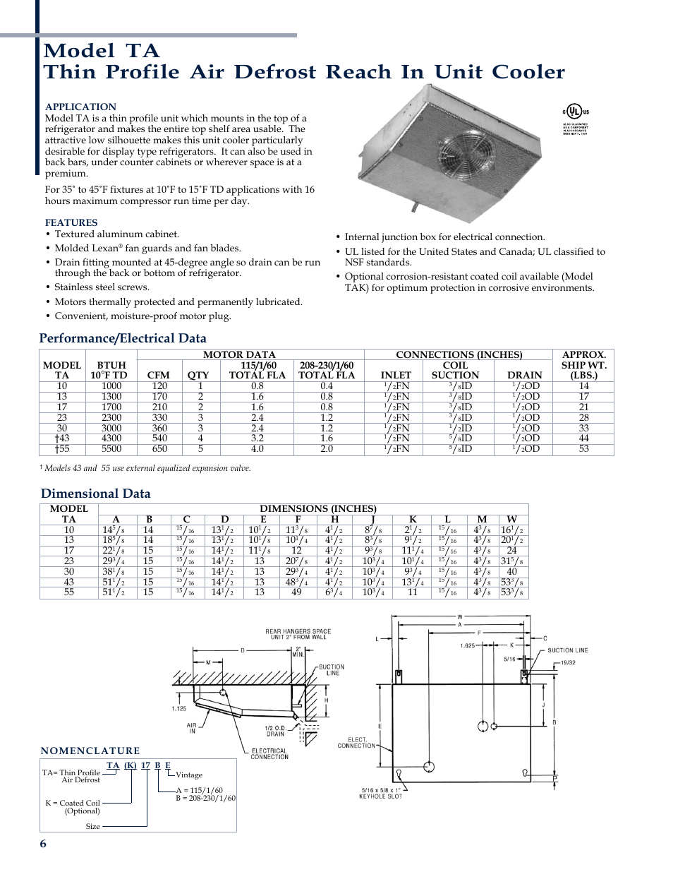Performance/electrical data, Dimensional data | Heatcraft Refrigeration Products CH-B-01 User Manual | Page 6 / 12