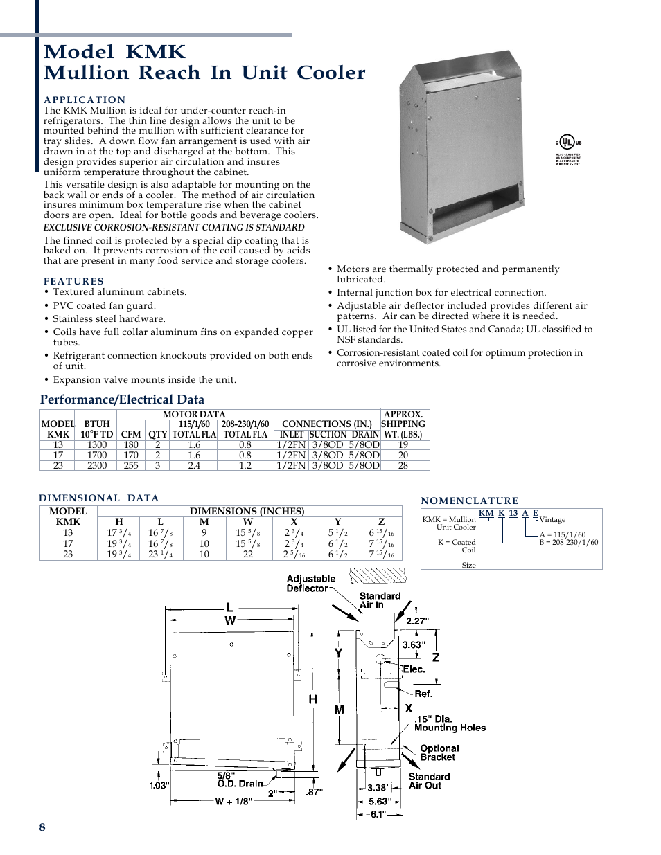 Model kmk mullion reach in unit cooler, Performance/electrical data | Heatcraft Refrigeration Products CH-B-01 User Manual | Page 8 / 12