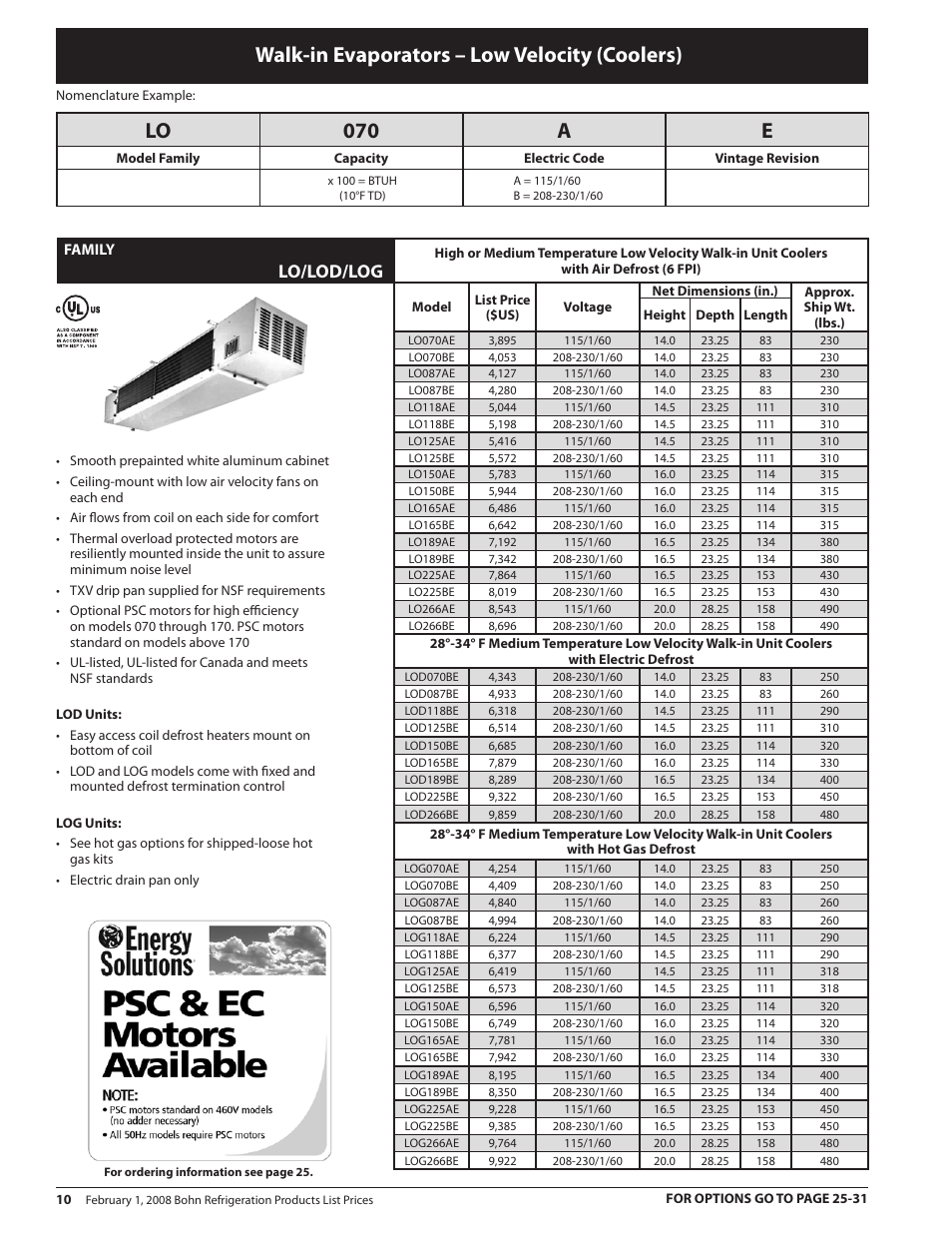 Walk-in evaporators – low velocity (coolers), Lo 070 a e, Lo/lod/log | Heatcraft Refrigeration Products BN-PL0208 User Manual | Page 10 / 76