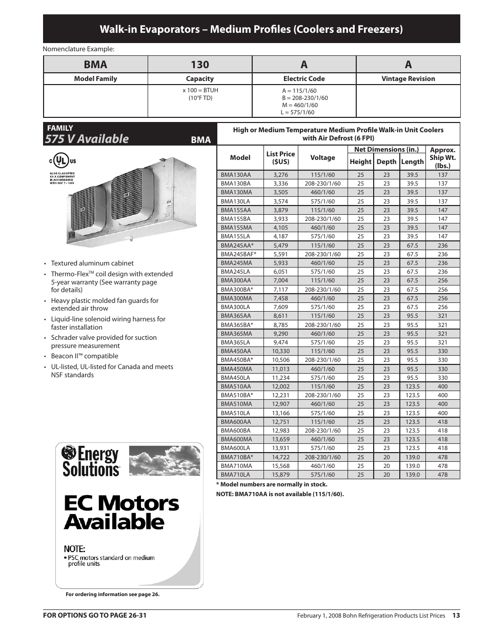 575 v available, Bma 130 a a | Heatcraft Refrigeration Products BN-PL0208 User Manual | Page 13 / 76