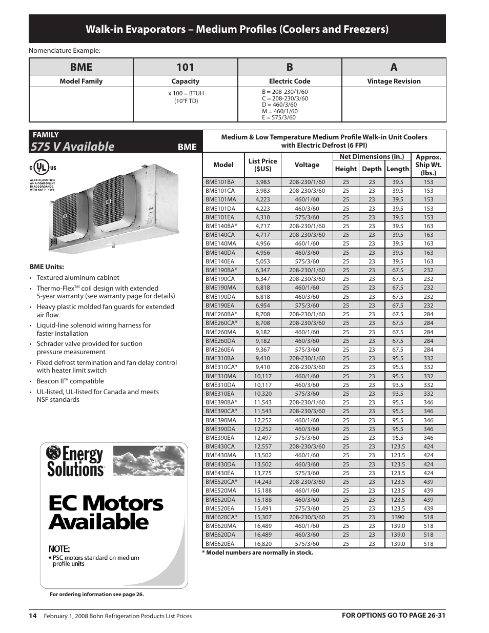 575 v available, Bme 101 b a | Heatcraft Refrigeration Products BN-PL0208 User Manual | Page 14 / 76