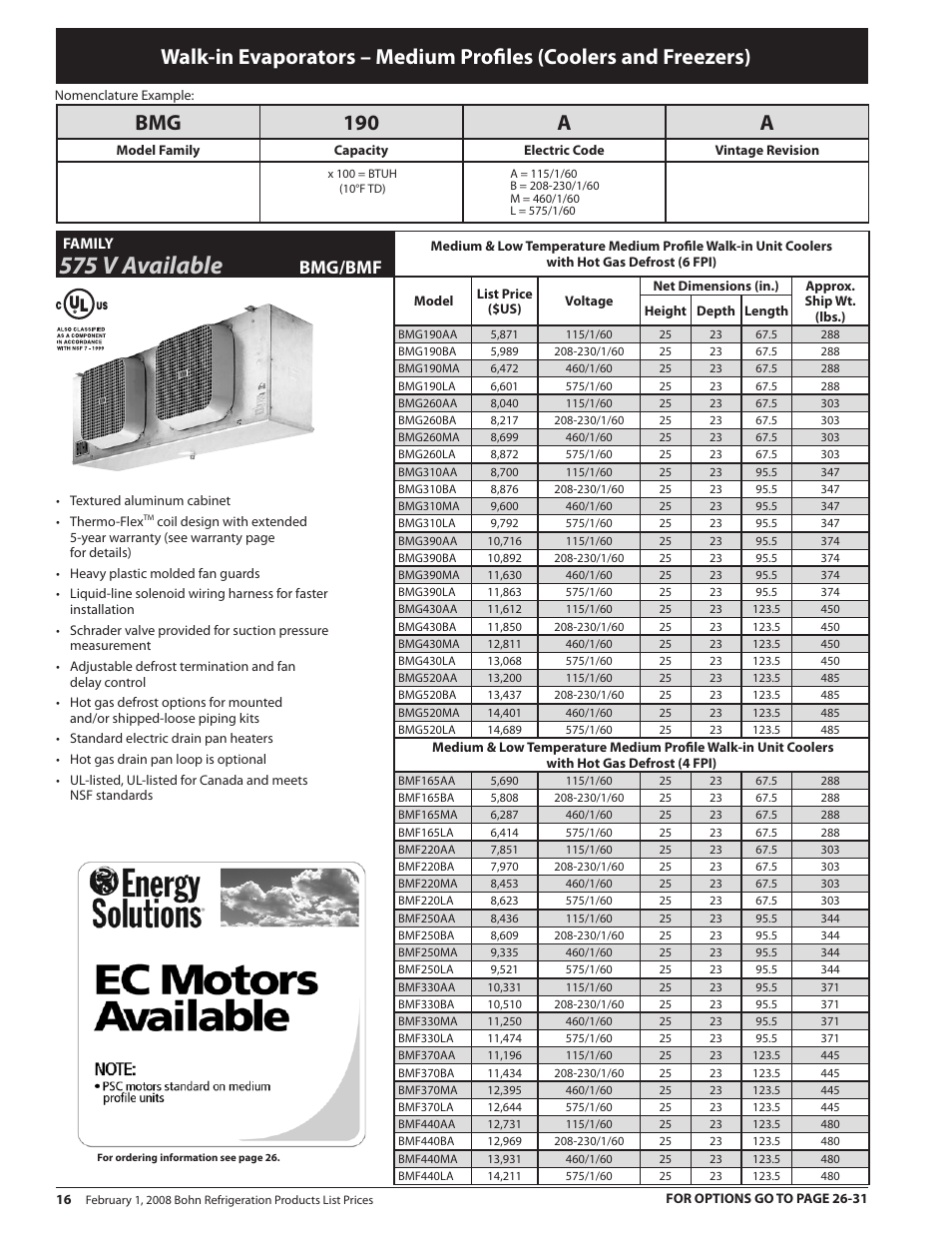 575 v available, Bmg 190 a a, Bmg/bmf | Heatcraft Refrigeration Products BN-PL0208 User Manual | Page 16 / 76