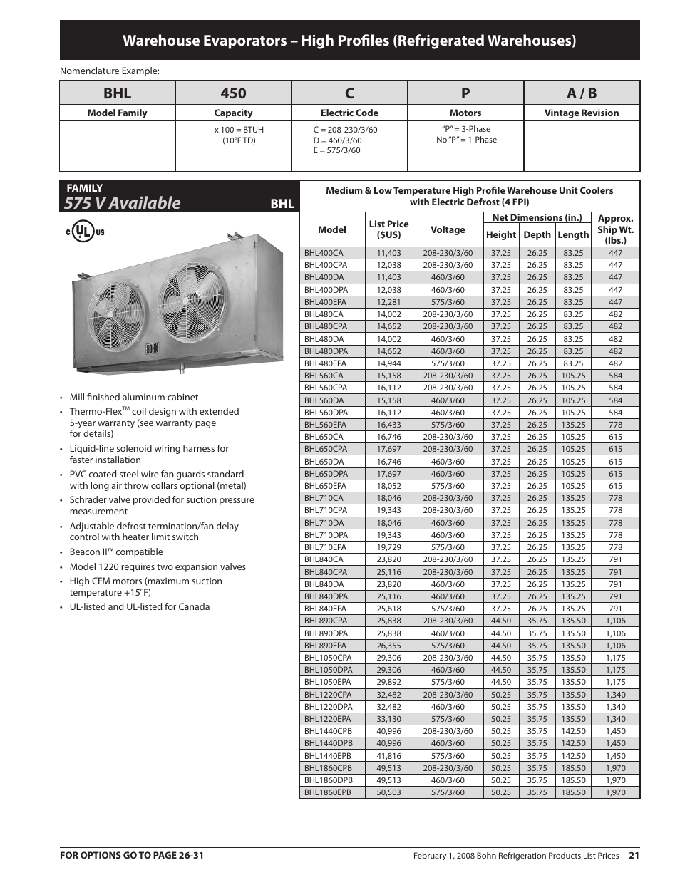 575 v available, Bhl 40 c p a / b | Heatcraft Refrigeration Products BN-PL0208 User Manual | Page 21 / 76