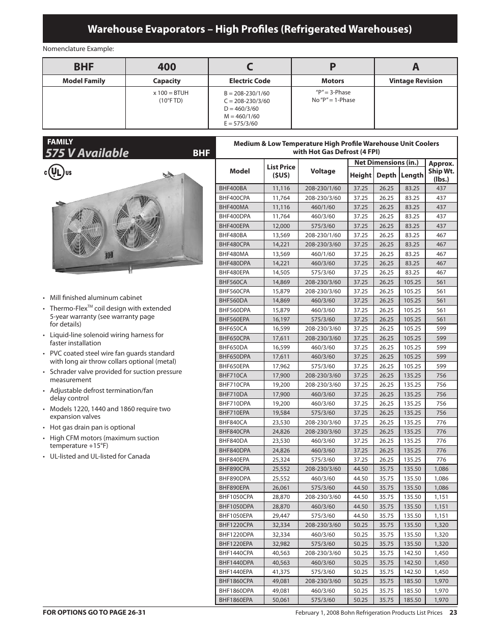 575 v available, Bhf 400 c p a | Heatcraft Refrigeration Products BN-PL0208 User Manual | Page 23 / 76