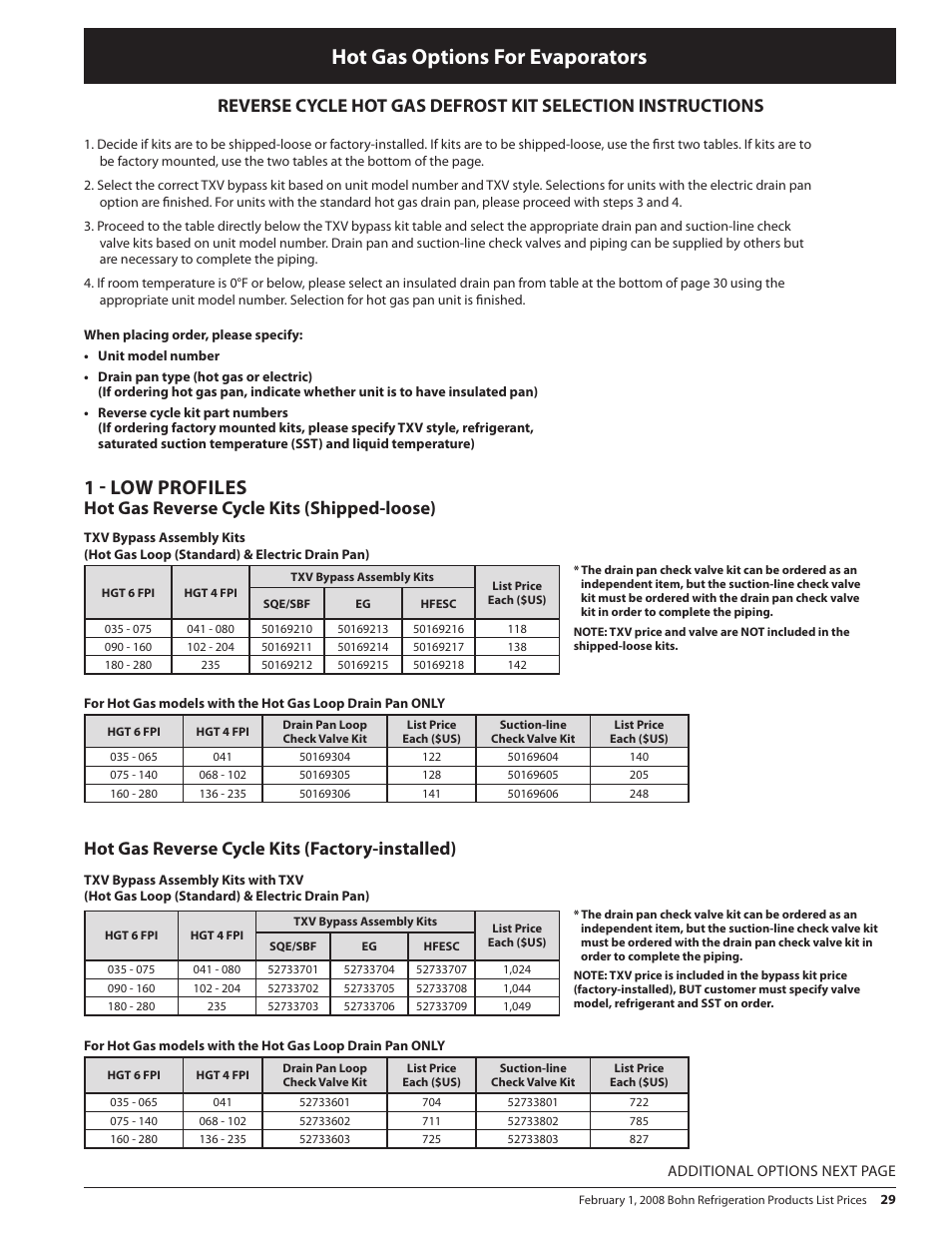 Hot gas options for evaporators, 1 - low profiles, Hot gas reverse cycle kits (factory-installed) | Hot gas reverse cycle kits (shipped-loose) | Heatcraft Refrigeration Products BN-PL0208 User Manual | Page 29 / 76