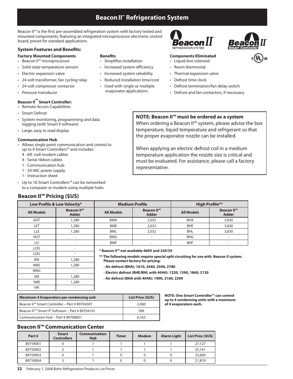 Beacon, Refrigeration system, Beacon ii™ pricing ($us) | Beacon ii™ communication center | Heatcraft Refrigeration Products BN-PL0208 User Manual | Page 32 / 76