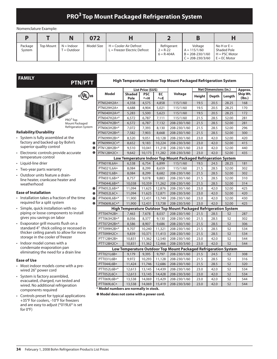 Top mount packaged refrigeration system, Pt n 072 h 2 b h, Ptn/ptt | Family | Heatcraft Refrigeration Products BN-PL0208 User Manual | Page 34 / 76