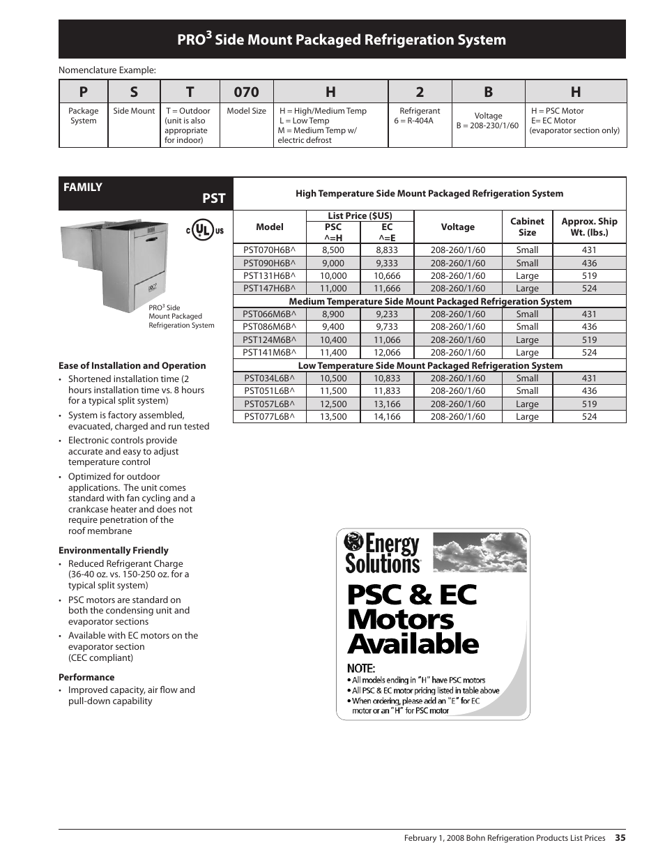 Side mount packaged refrigeration system, Ps t 070 h 2 b h | Heatcraft Refrigeration Products BN-PL0208 User Manual | Page 35 / 76
