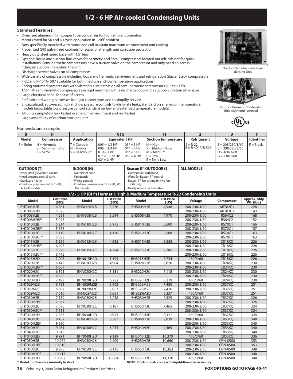 1/2 - 6 hp air-cooled condensing units | Heatcraft Refrigeration Products BN-PL0208 User Manual | Page 36 / 76