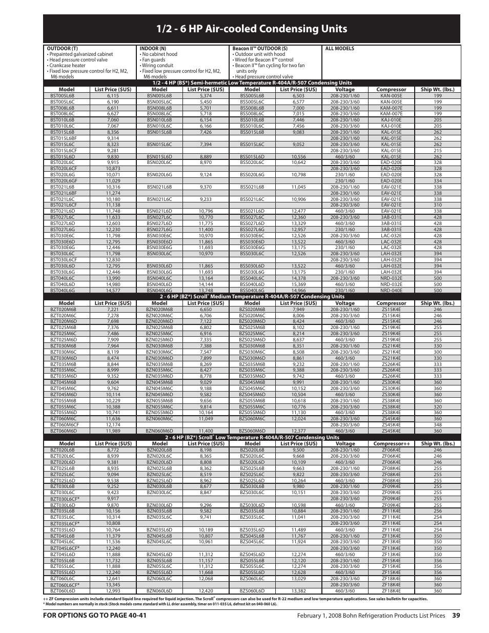 1/2 - 6 hp air-cooled condensing units, For options go to page 40-41 | Heatcraft Refrigeration Products BN-PL0208 User Manual | Page 39 / 76