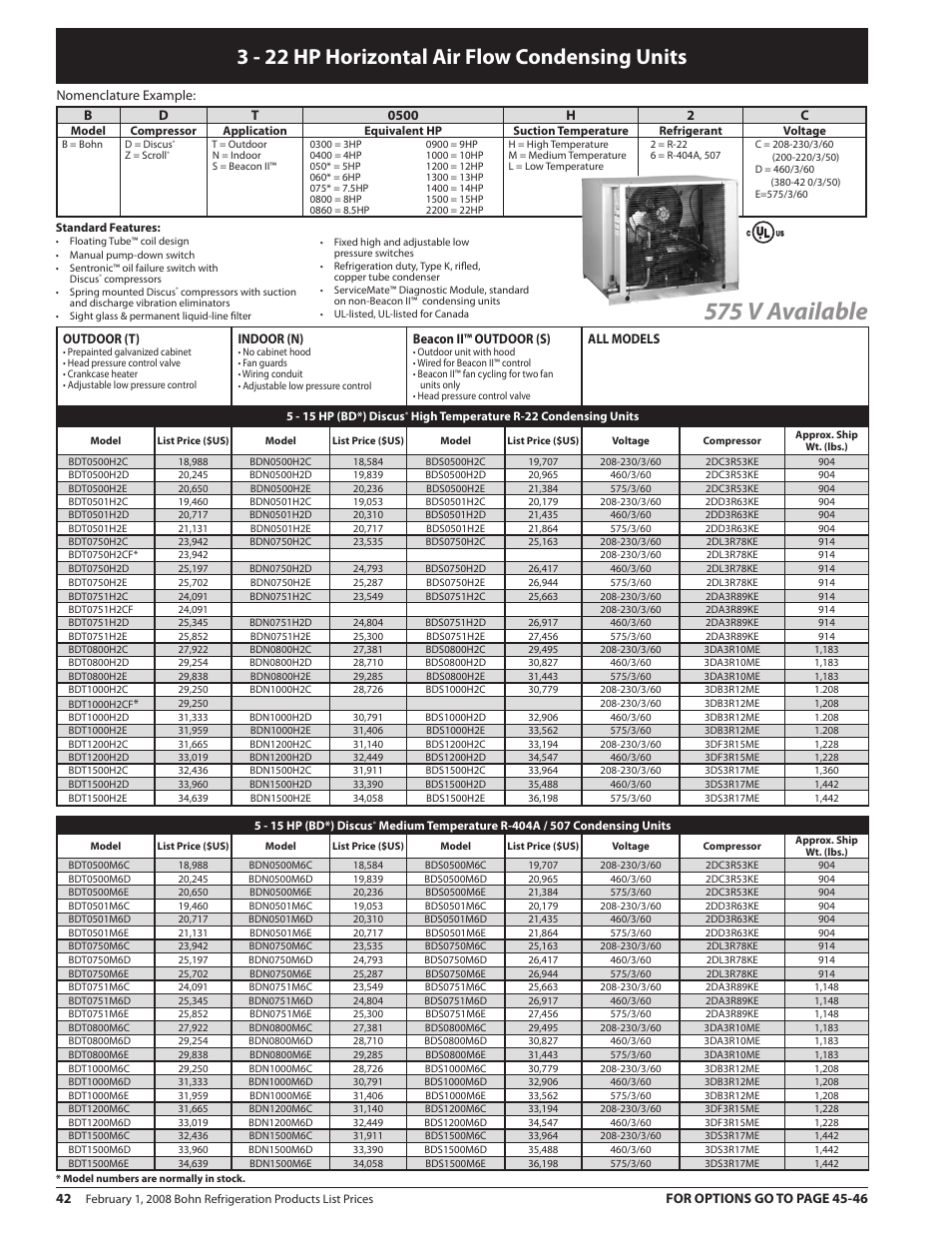 575 v available, 3 - 22 hp horizontal air flow condensing units, Nomenclature example | Outdoor (t), Indoor (n), Beacon ii™ outdoor (s), All models, Bd t 000 h 2 c, For options go to page 4-46 | Heatcraft Refrigeration Products BN-PL0208 User Manual | Page 42 / 76