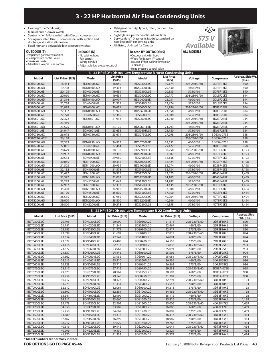 575 v available, 3 - 22 hp horizontal air flow condensing units, For options go to page 4-46 | Heatcraft Refrigeration Products BN-PL0208 User Manual | Page 43 / 76