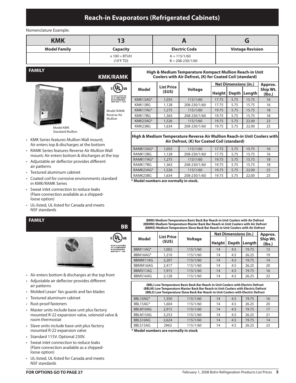 Reach-in evaporators (refrigerated cabinets), Kmk 13 a g, Kmk/ramk | Heatcraft Refrigeration Products BN-PL0208 User Manual | Page 5 / 76