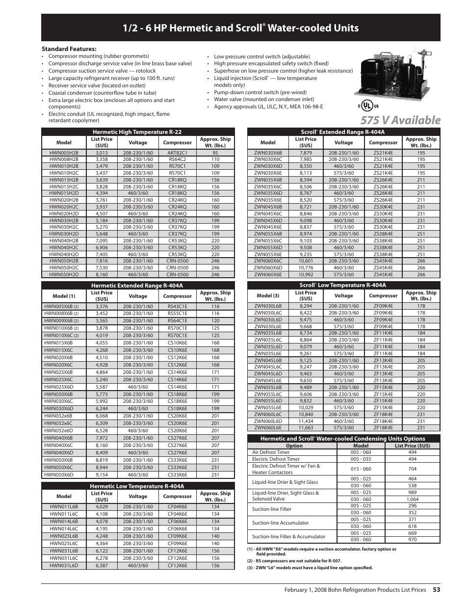 575 v available, 1/2 - 6 hp hermetic and scroll, Water-cooled units | Heatcraft Refrigeration Products BN-PL0208 User Manual | Page 53 / 76