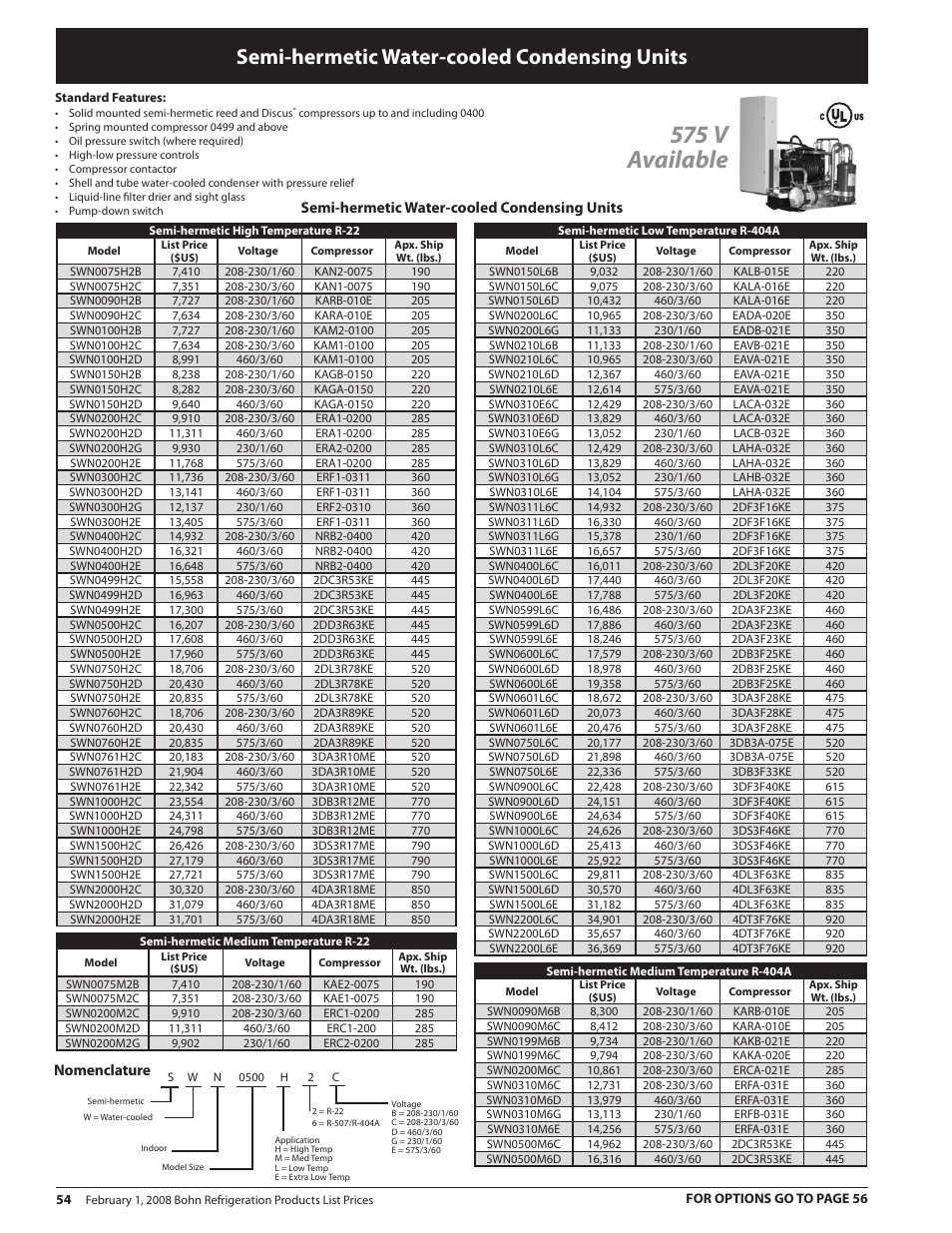 575 v available, Semi-hermetic water-cooled condensing units | Heatcraft Refrigeration Products BN-PL0208 User Manual | Page 54 / 76