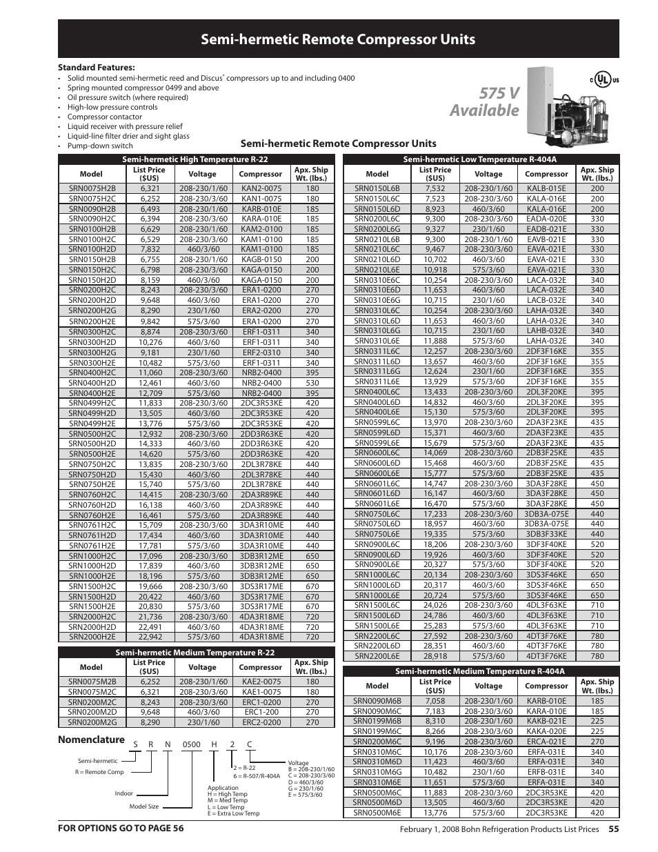 575 v available, Semi-hermetic remote compressor units | Heatcraft Refrigeration Products BN-PL0208 User Manual | Page 55 / 76