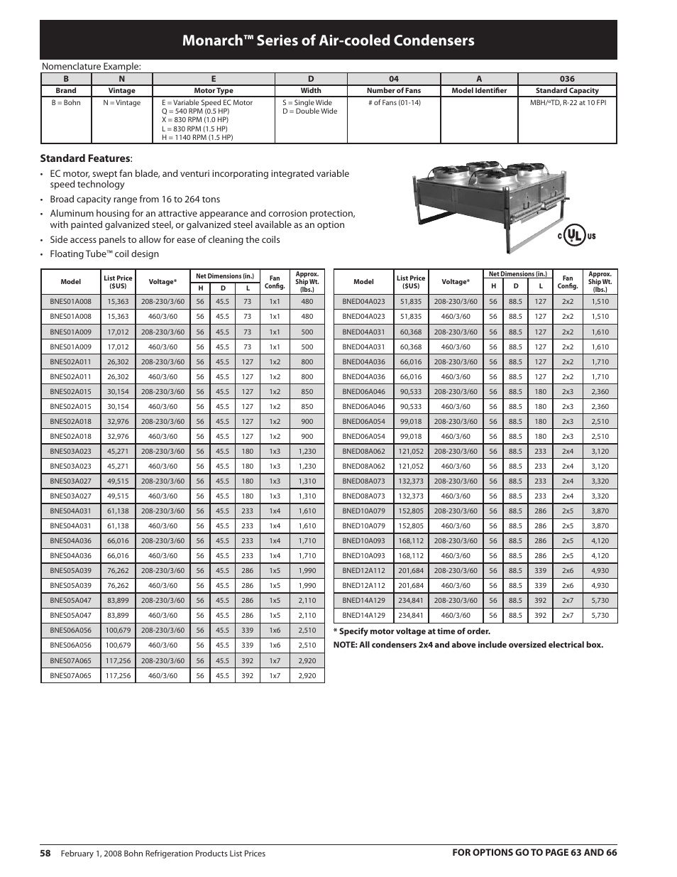 Monarch™ series of air-cooled condensers, Standard features | Heatcraft Refrigeration Products BN-PL0208 User Manual | Page 58 / 76