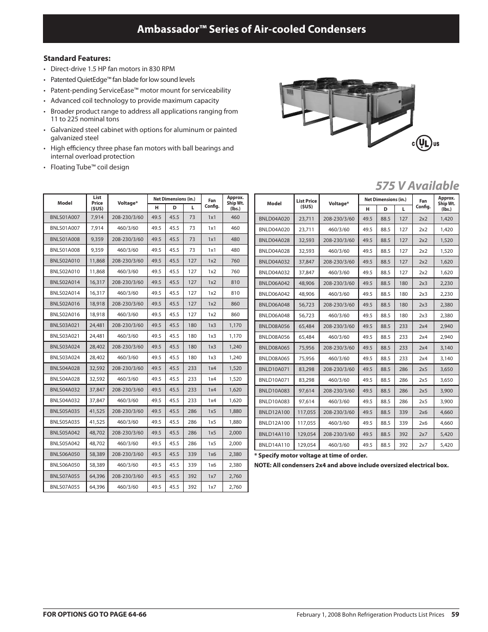 575 v available, Ambassador™ series of air-cooled condensers, Standard features | Heatcraft Refrigeration Products BN-PL0208 User Manual | Page 59 / 76