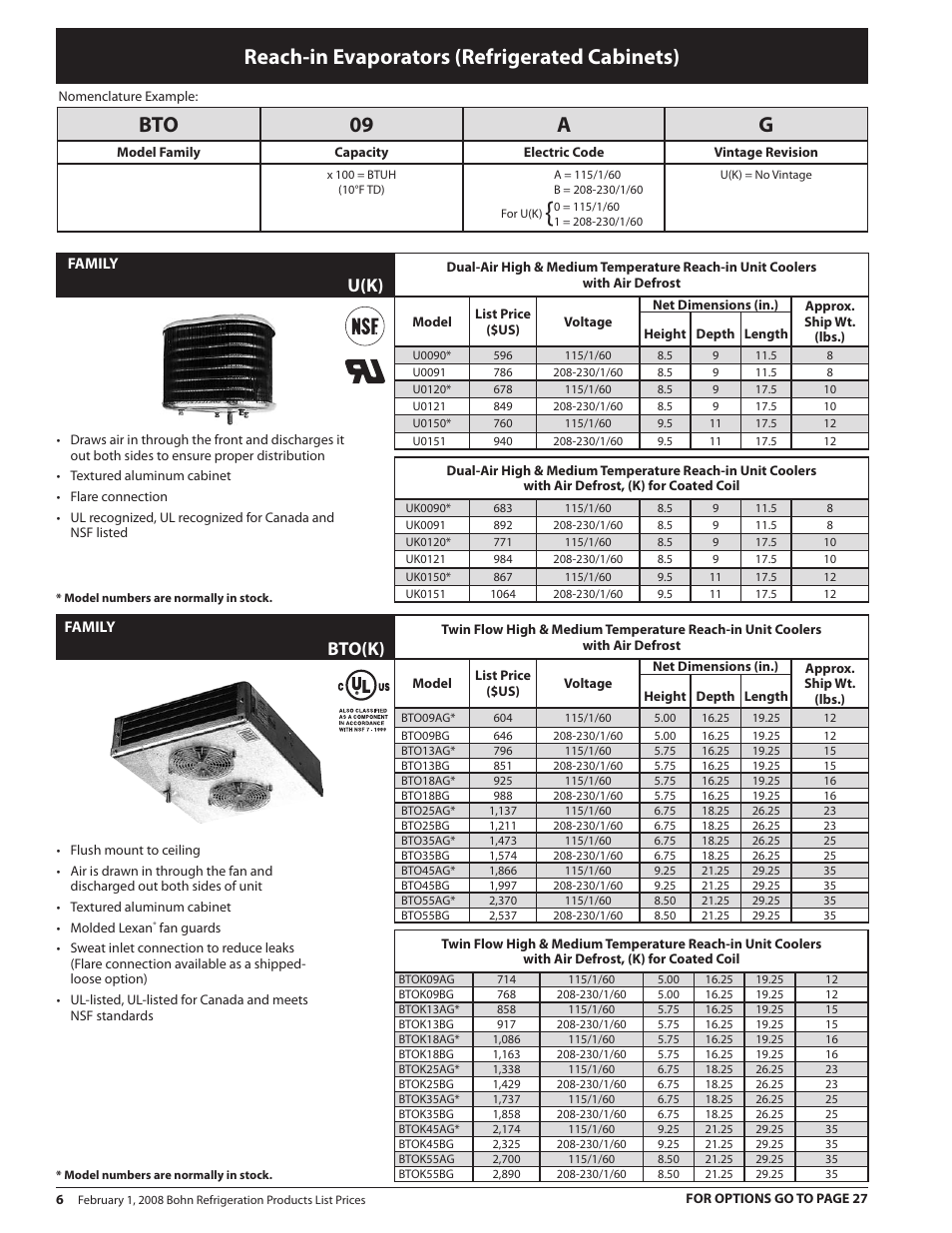 Reach-in evaporators (refrigerated cabinets), Bto 09 a g, Bto(k) | U(k) | Heatcraft Refrigeration Products BN-PL0208 User Manual | Page 6 / 76