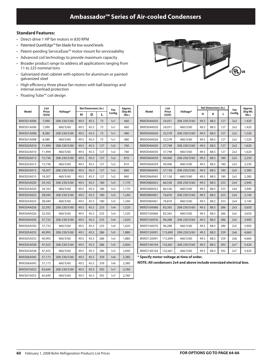 Ambassador™ series of air-cooled condensers, Standard features, For options go to page 64-66 | Heatcraft Refrigeration Products BN-PL0208 User Manual | Page 60 / 76