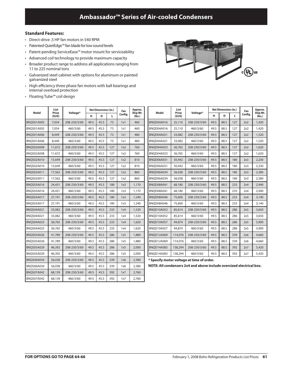 Ambassador™ series of air-cooled condensers, Standard features | Heatcraft Refrigeration Products BN-PL0208 User Manual | Page 61 / 76