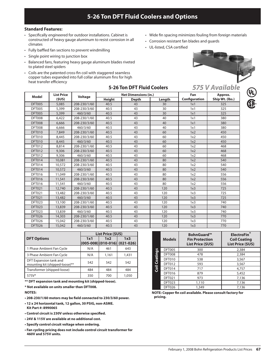 575 v available, 26 ton dft fluid coolers and options, 26 ton dft fluid coolers | Heatcraft Refrigeration Products BN-PL0208 User Manual | Page 67 / 76