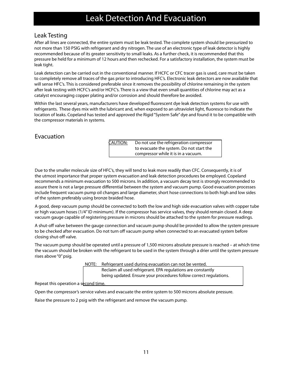 Leak detection and evacuation, Leak testing, Evacuation | Heatcraft Refrigeration Products FLEXPACK 25006801 User Manual | Page 11 / 24
