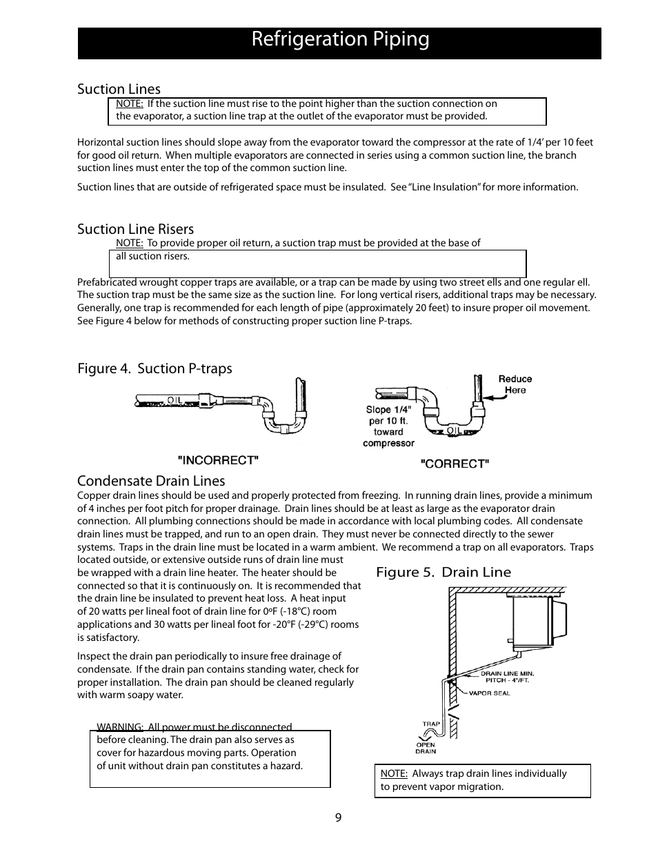 Refrigeration piping, Suction lines, Suction line risers | Condensate drain lines, Figure 4. suction p-traps, Figure 5. drain line | Heatcraft Refrigeration Products FLEXPACK 25006801 User Manual | Page 9 / 24